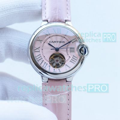 AAA Cartier replica Ballon Bleu de Cartier pink tourbillon ladies watch pink leather strap 